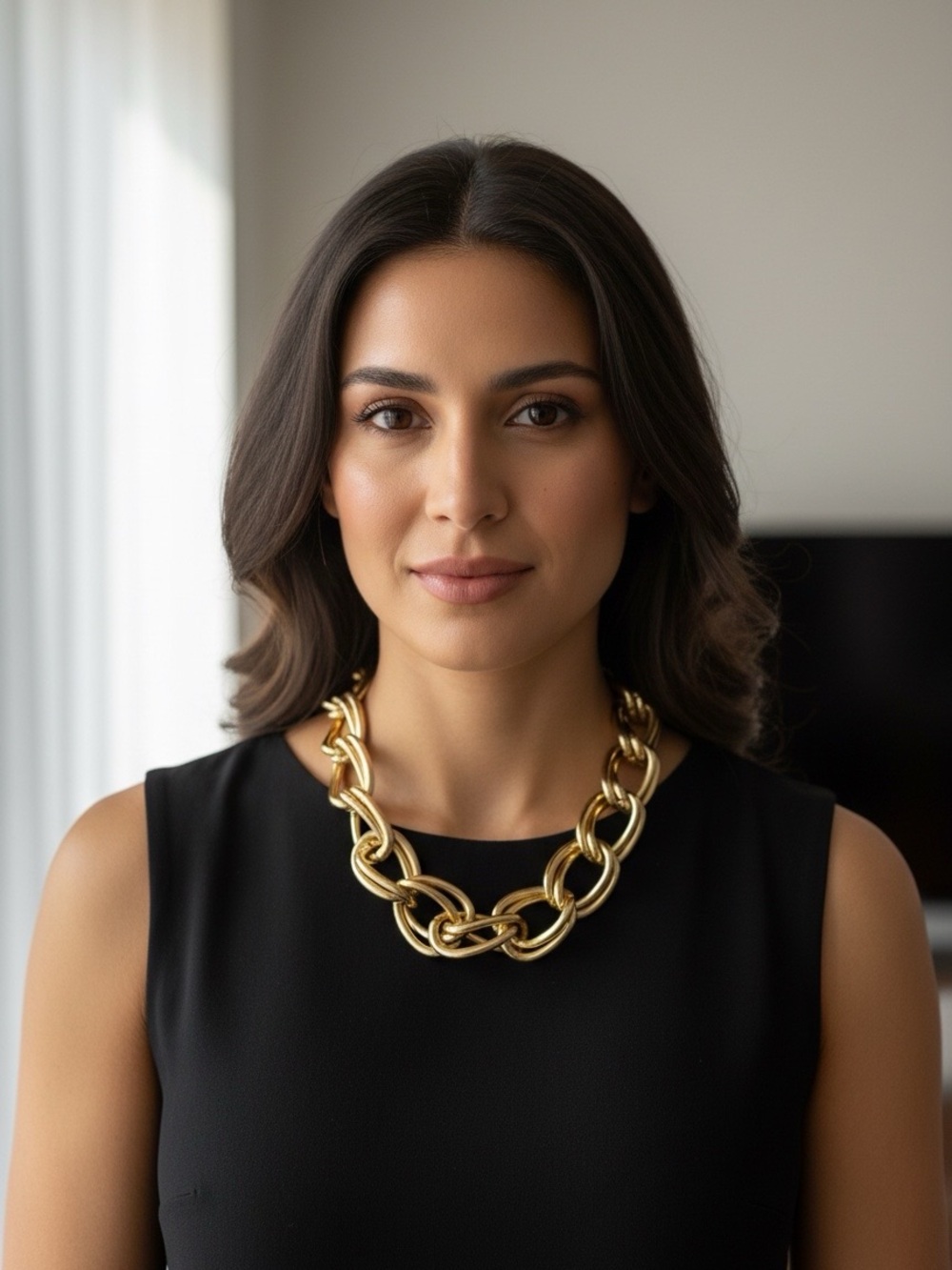 Chunky Double Link Gold Tone Statement Collar Necklace with Toggle Clasp.